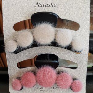 Natasha Set Of 2 Claw Clips - Beige & Pink Faux Fur Dots - BRAND NEW ON CARD